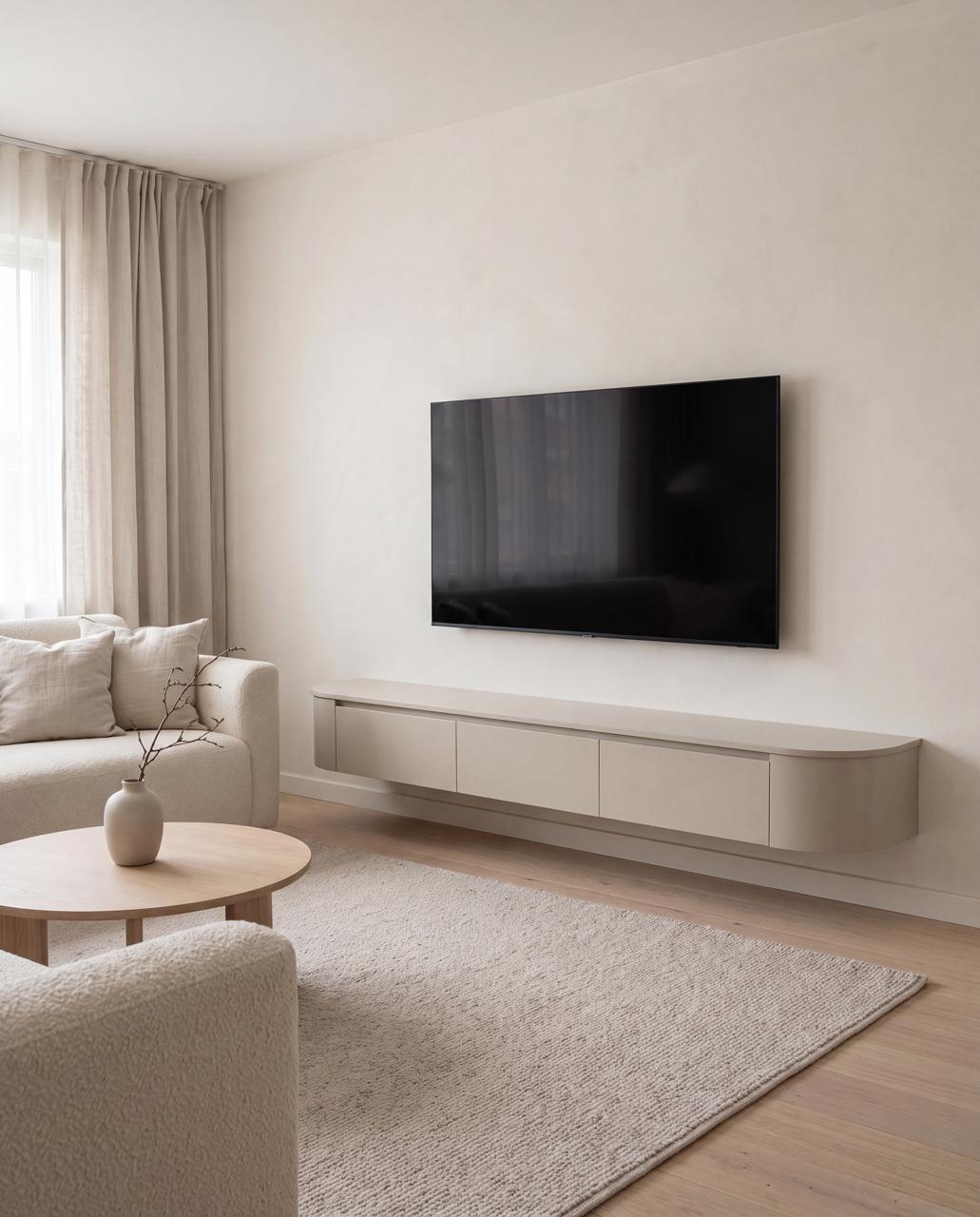 Japandi TV Meubel Beige Mat – Floating Curved Cabinet – Volledig Gemonteerd