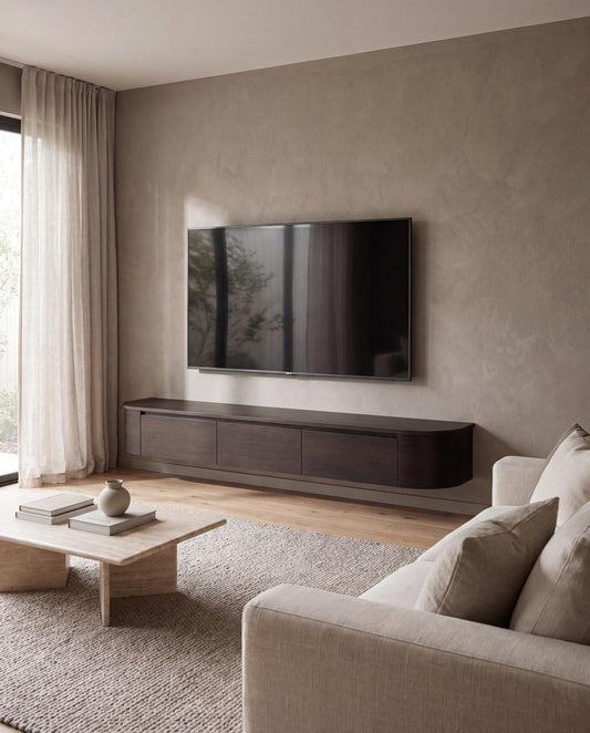 Japandi TV Meubel Walnoot – Floating Curved Cabinet – Volledig Gemonteerd
