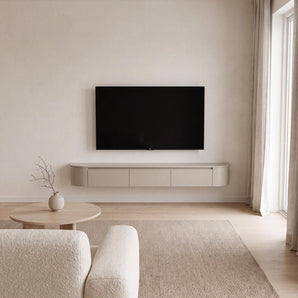 Japandi TV Meubel Beige Mat – Floating Curved Cabinet – Volledig Gemonteerd