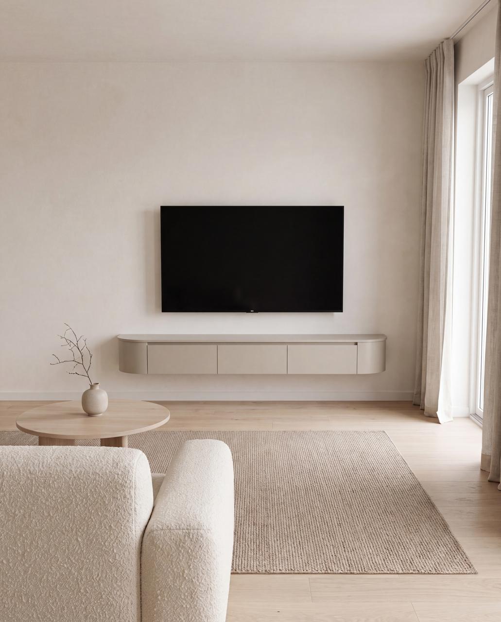 Japandi TV Meubel Beige Mat – Floating Curved Cabinet – Volledig Gemonteerd