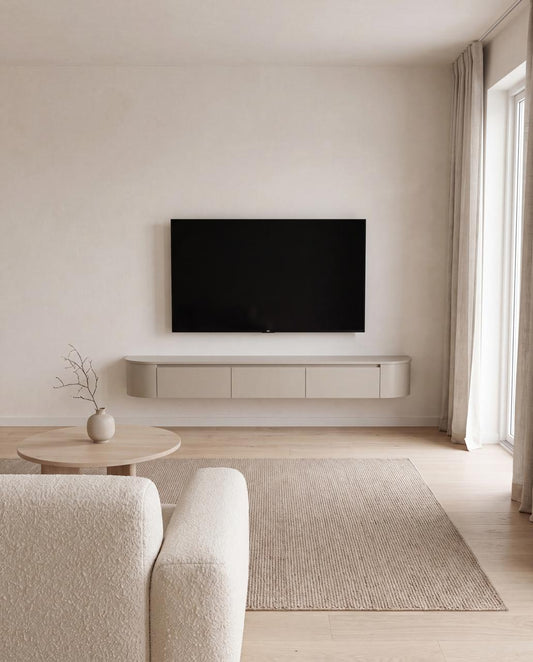 Japandi TV Meubel Beige Mat – Floating Curved Cabinet – Volledig Gemonteerd