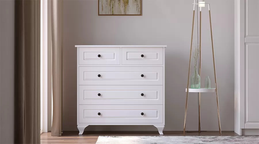 Beyza Country Chest of Drawers – 90 cm – White – MDF Fronts – 86x90x40 cm