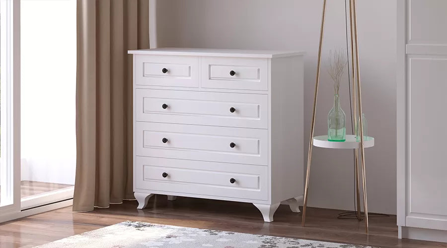 Beyza Country Chest of Drawers – 90 cm – White – MDF Fronts – 86x90x40 cm
