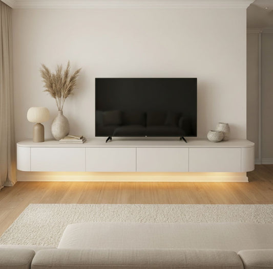 Japandi TV Meubel Wit– Floating Curved Cabinet – Volledig Gemonteerd