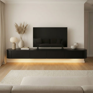 Japandi TV Meubel Zwart – Floating Curved Cabinet – Volledig Gemonteerd