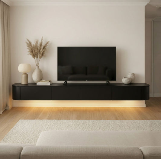 Japandi TV Meubel Zwart – Floating Curved Cabinet – Volledig Gemonteerd