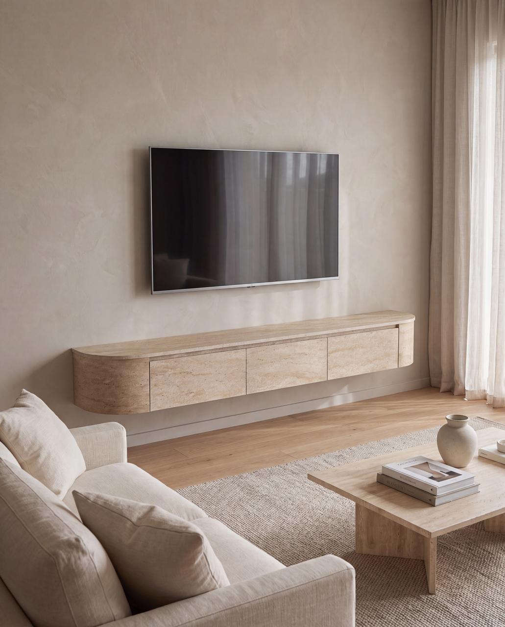 Japandi TV Unit Travertine – Floating Curved Cabinet – Fully Assembled