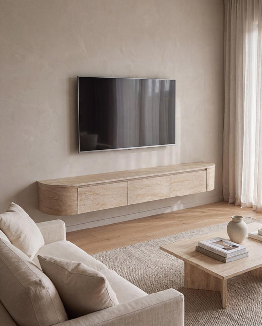 Japandi TV Meubel Travertin – Floating Curved Cabinet – Volledig Gemonteerd