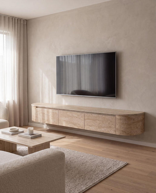 Japandi TV Meubel Travertin – Floating Curved Cabinet – Volledig Gemonteerd