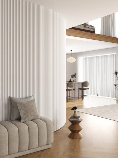 Akoestische Wand Panelen Lattenwand Met Vilt Ronde latten Wit – 270 Cm × 60 Cm