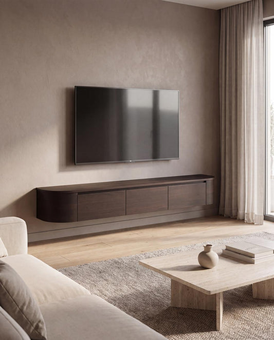 Japandi TV Meubel Walnoot – Floating Curved Cabinet – Volledig Gemonteerd